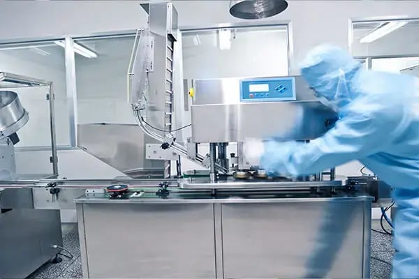 Inside a controlled-environment cleanroom manufacturing facility