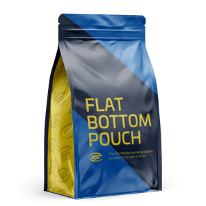 Flat-bottom box pouch with billboard shelf presence