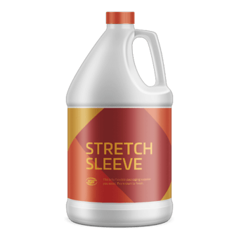 Stretch sleeve label applied to a plastic jug