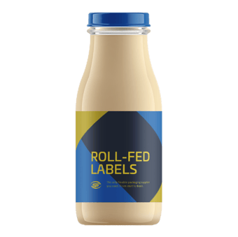 Roll-fed shrink sleeve label on a bottle