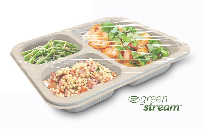 GreenStream compostable bagasse fiber trays by Preferred Packaging
